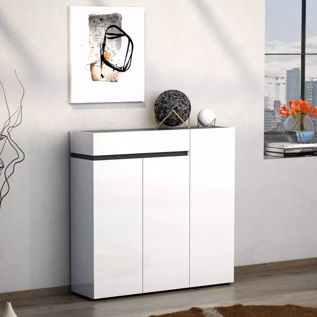 Scarpiera DMORA Joji Bianco Lucido con 10 Ripiani e Ante Soft Close L: 120 cm, P: 34 cm, H: 115 cm – 1