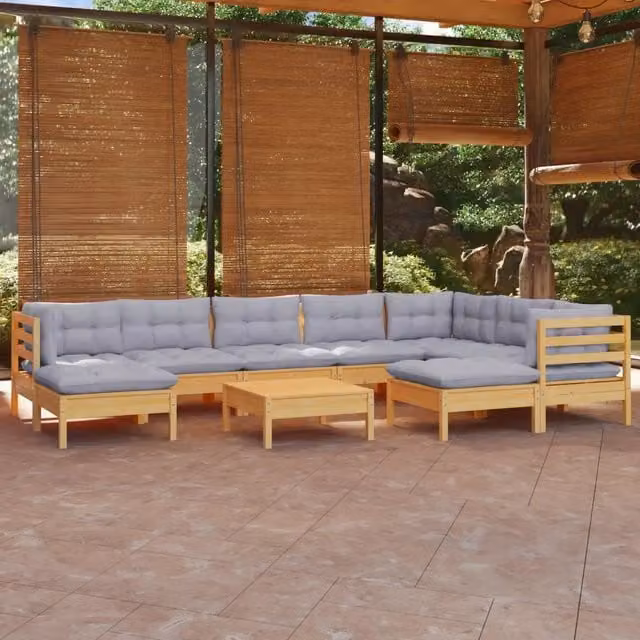 Set Divani da Giardino 10 pz con Cuscini Grigi Massello di Pino 3096712