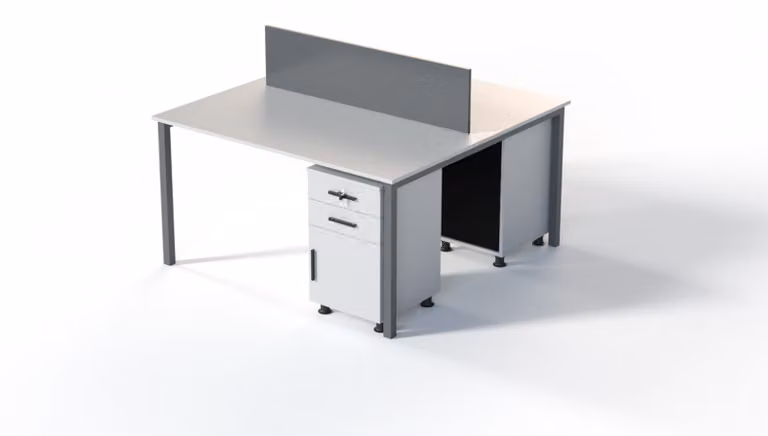 Moderner weißer Schreibtisch mit Schubladen Metallgestell und Trennwand