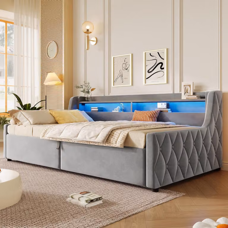 Letto imbottito 90x200 cm con spazio contenitore ad apertura idraulica, illuminazione LED multicolore integrata nella testiera, rivestimento in velluto, capacità di carico fino a 150 kg, colore grigio