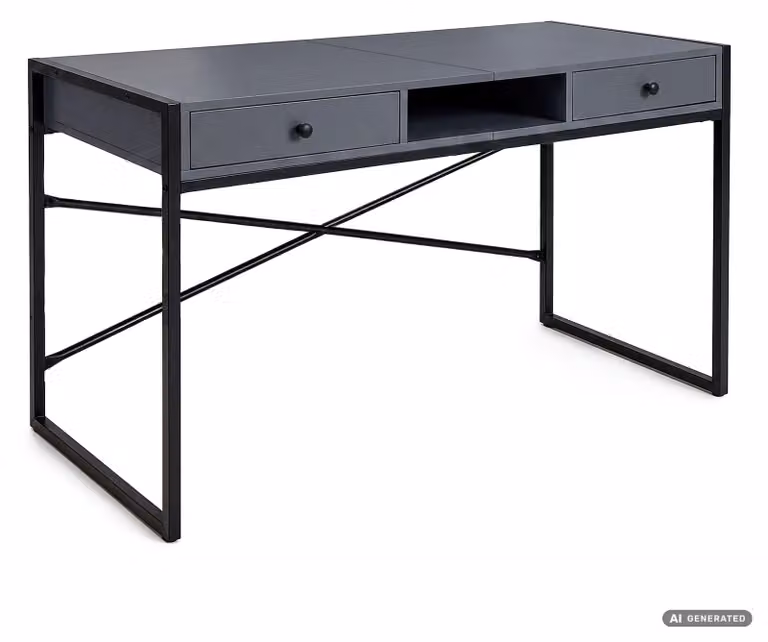 Scrivania industriale per computer Grafite ELONIS 123 cm 2 cassetti 1 ripiano gambe nere