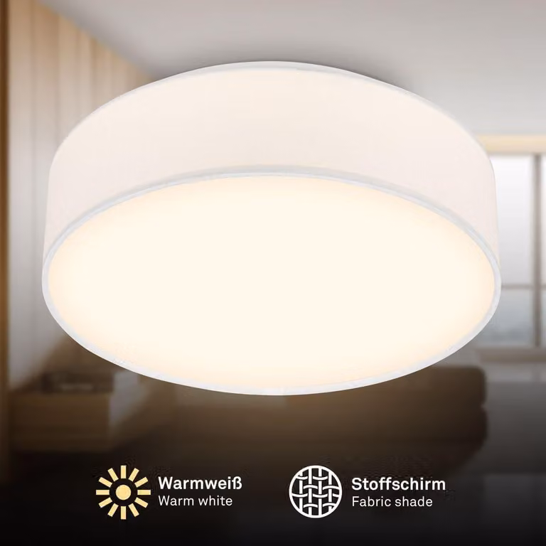 Briloner Plafoniera LED con paralume in tessuto Ø30x10,5 cm rotonda 16W 1800lm 3000K bianco caldo bianco - Lampada da soffitto soggiorno camera da letto cucina corridoio