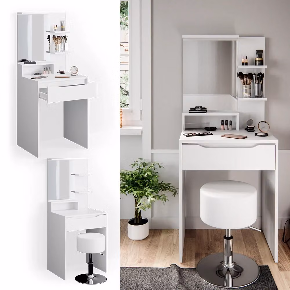 Tavolo da toeletta Ruben Vicco Bianco con sgabello moderno in MDF e laminato – 2