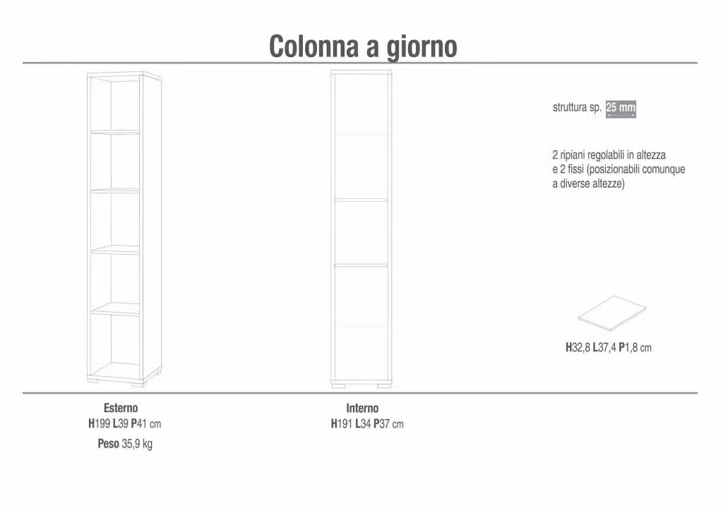 Libreria a giorno moderna GIORDANOSHOP in MDF grigio con ripiani regolabili L 39 cm, P 41 cm, H 199 cm – 2