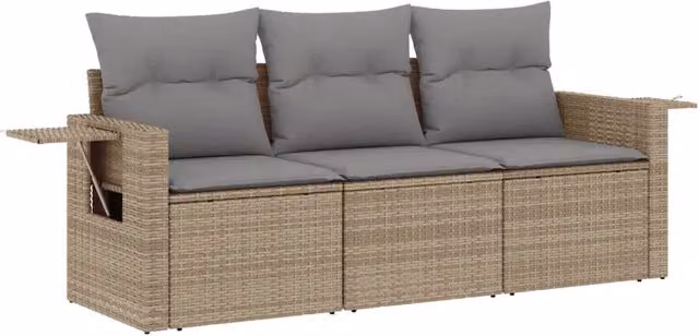 Set Divano da Giardino 3 pz | Set Salotto da Giardino con Cuscini Beige in Polyrattan