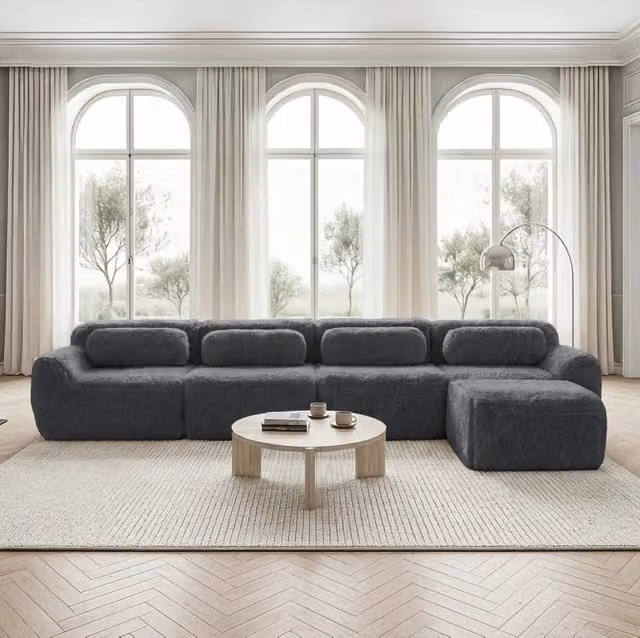 Divano angolare modulare 4 posti a L 378x179x73 cm in tessuto plush grigio con chaise longue
