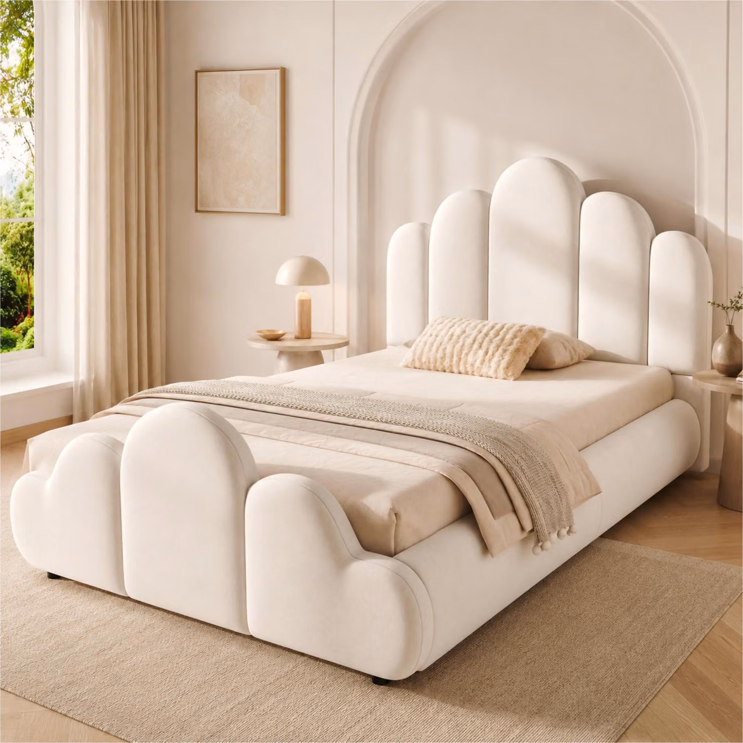 Letto imbottito per bambini Merax, 90x200 cm, con motivo a nuvole, letto singolo con testiera imbottita, angoli arrotondati, rivestimento in velluto, color beige