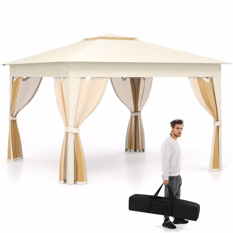 COSTWAY gazebo 3,3x3,3m, gazebo pieghevole pop up con 4 zanzariere, doppio tetto e borsa per il trasporto, gazebo da giardino per feste impermeabile e robusto beige