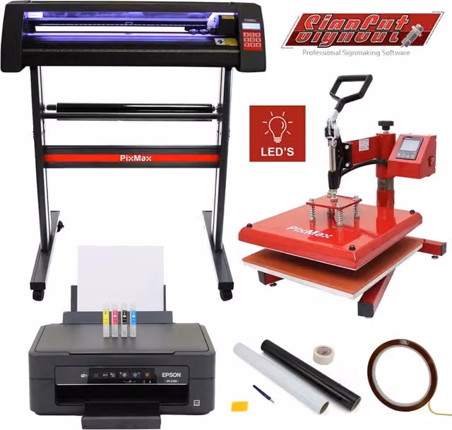 Bundle creativo PixMax con stampante a sublimazione Epson, pressa a caldo swing da 38 cm e plotter per vinile da 720 mm multicolore