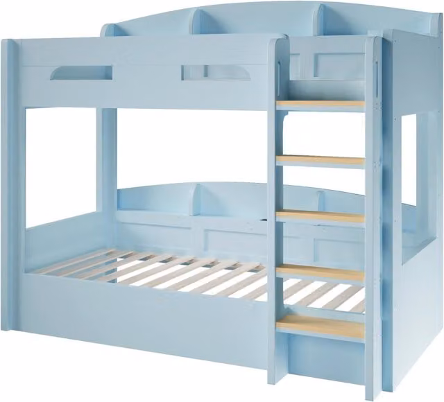 Letto a Soppalco Singolo in Legno Massello e MDF con Porte USB e Mensole, Blu, L/P: 90 x 200 cm