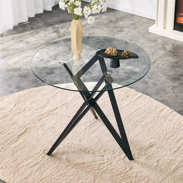 Tavolino basso fisso rotondo con piano in vetro temperato e struttura geometrica in metallo nero diametro 85 cm