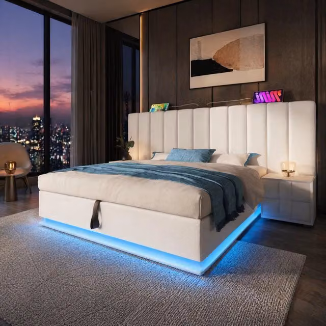 Letto matrimoniale contenitore 180x200 cm con LED; USB e USB-C in PU; bianco
