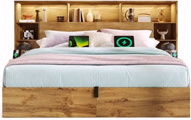 Letto matrimoniale 160x200 cm con contenitore; LED e USB; MDF e metallo; colore rovere