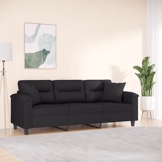Divano a 3 Posti con Cuscini-Sofa 3 Posti con Cuscini Nero 180 cm Tessuto Microfibra