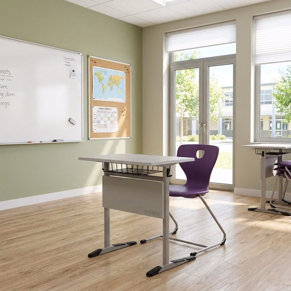 Set scolastico moderno ed ergonomico: scrivania grigia e sedia viola, scrivania singola