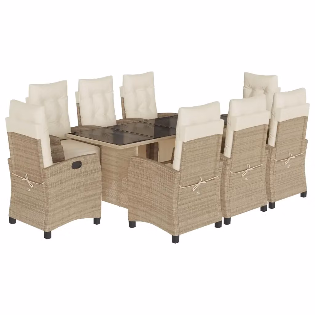 Set da pranzo da giardino vidaXL in polyrattan con cuscini beige e piano in vetro, 9 pezzi – 2