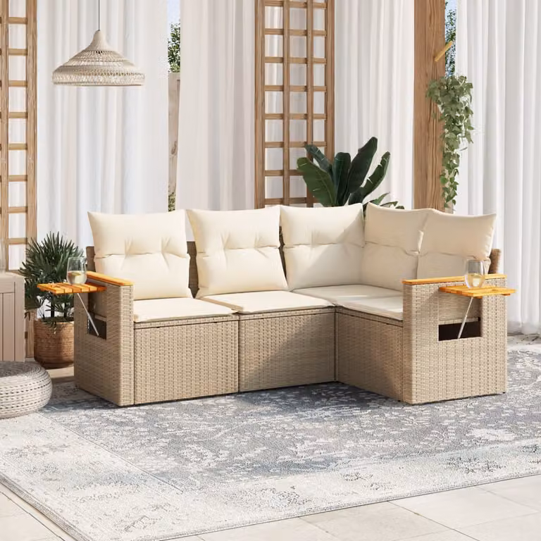 vidaXL Set Divano da Giardino a L 4 pz in Polyrattan con Cuscini Beige e Tavolino da Esterno
