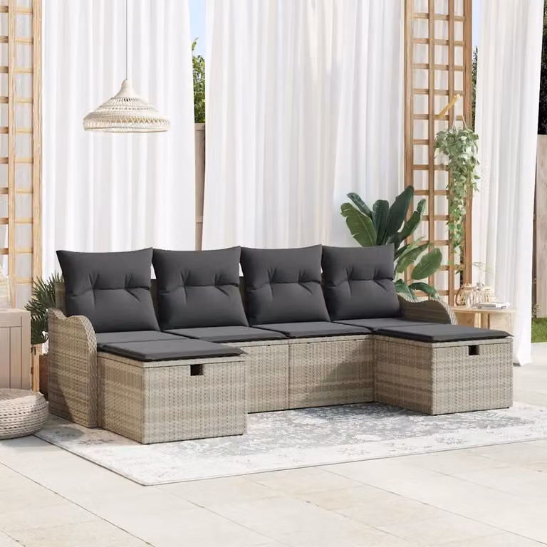Set Divano da Giardino a L vidaXL in Polyrattan Grigio con Tavolino e Cuscini, 6 Pezzi