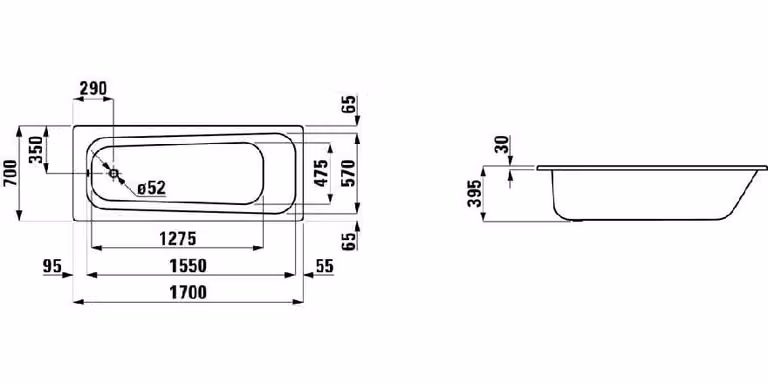 Laufen Moderna Plus - Vasca da incasso in acciaio 1700x700x395 mm, bianco H2251200000401