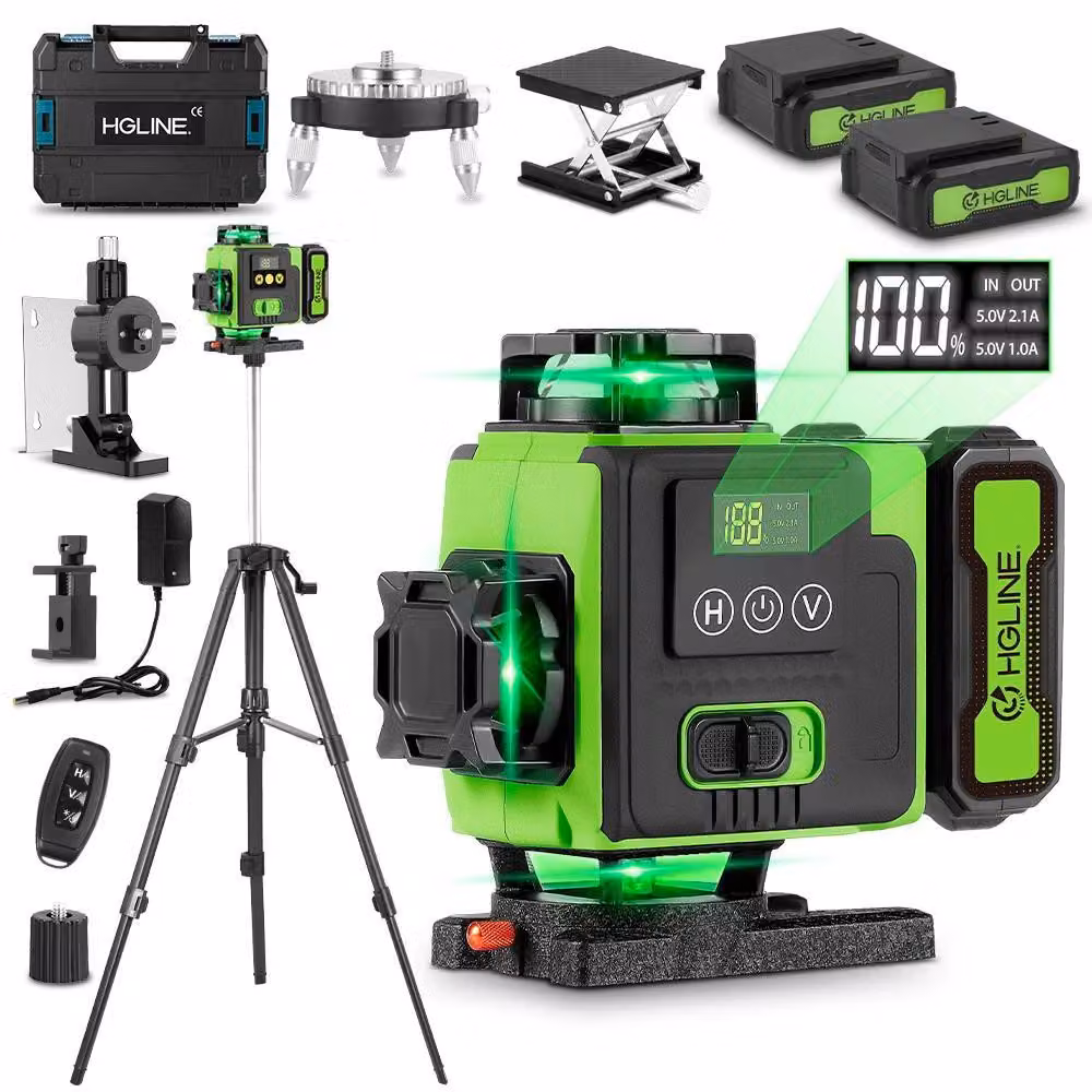 Livella laser 4D - Laser a 16 linee, con incrocio di linee - Rotazione orizzontale/verticale a 360° - Raggio verde da 515 nm - Autolivellante ±3° - Telecomando tramite app, portata 25 m - 2 batterie da 6000 mAh - Spina di alimentazione per l'Unione Europe