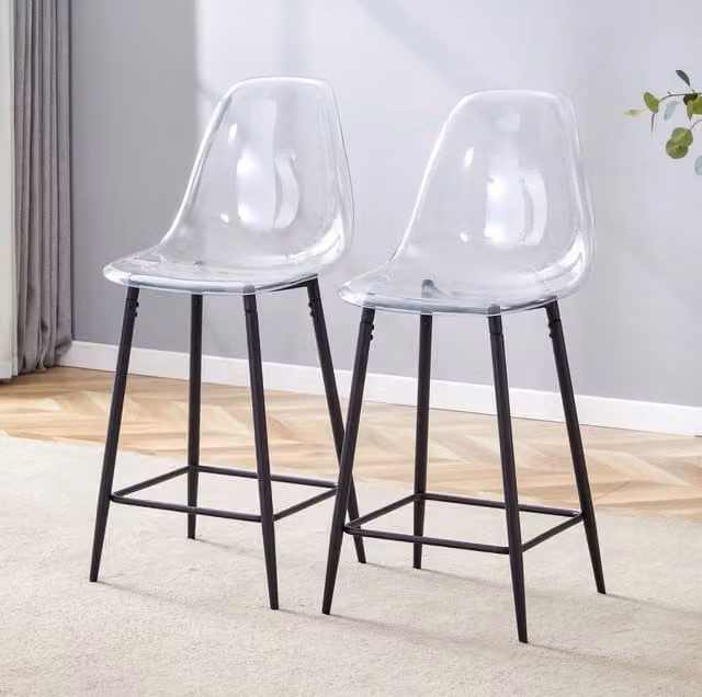Set di 2 sgabelli alti trasparenti con struttura in metallo nero e poggiapiedi per cucina