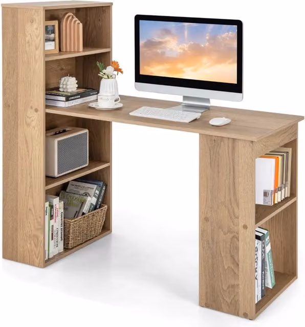 Scrivania per computer moderna con libreria integrata e 6 ripiani, colore beige e marrone, L: 122 cm