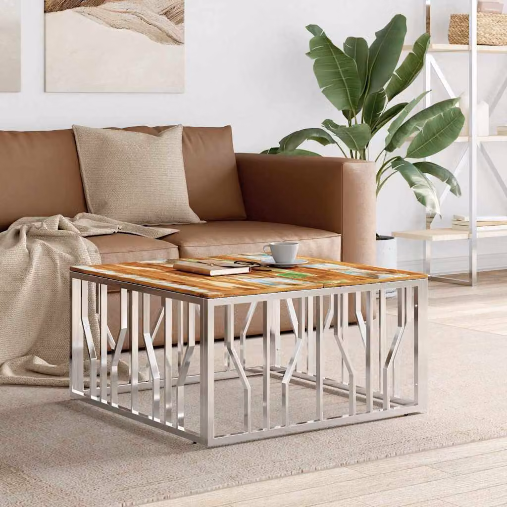 vidaXL Tavolino da Salotto Moderno in Acciaio Inox Argento e Legno di Recupero L/P/H: 80 x 80 x 40 cm