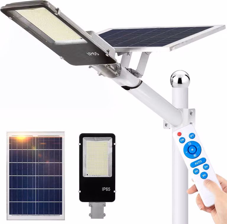 luce solare all'aperto 25W, grande lampione solare all'aperto, 805 lampade solari a LED Luce solare di rilevamento crepuscolare 60000lm IP65 Lampade da giardino per l'esterno