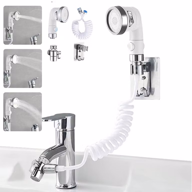 Set per lavabo con doccetta, soffione e tubo flessibile, completo di supporto, colore bianco