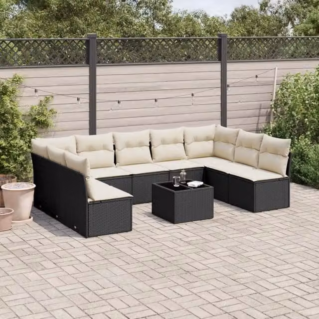 Set Divani da Giardino 10pz con Cuscini in Polyrattan Nero 3218076