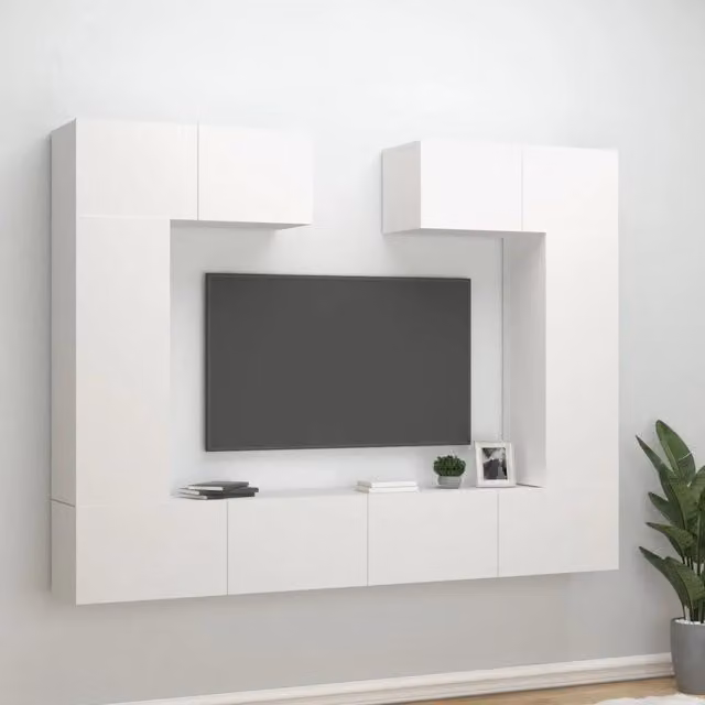 Set di mobili porta TV moderno vidaXL in legno multistrato bianco opaco, sospeso a parete, 6 pezzi – 1