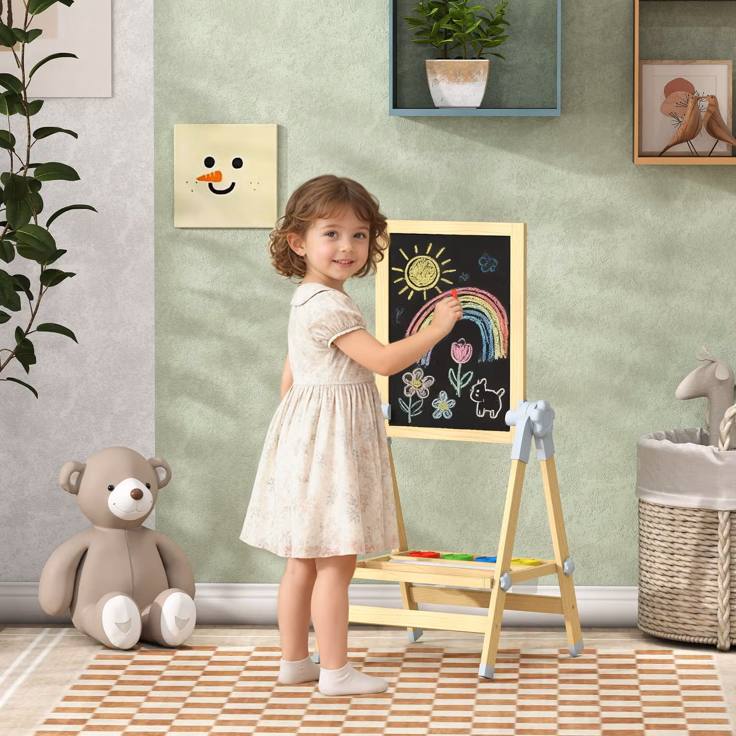 Cavalletto per bambini AIYAPLAY in legno marrone con doppia lavagna magnetica per gesso e pennarelli e rotolo di carta – 2