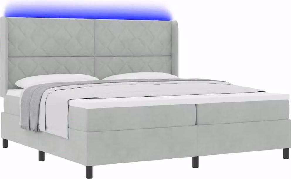 Letto boxspring con materasso con LED grigio chiaro 200 x 200 cm velluto