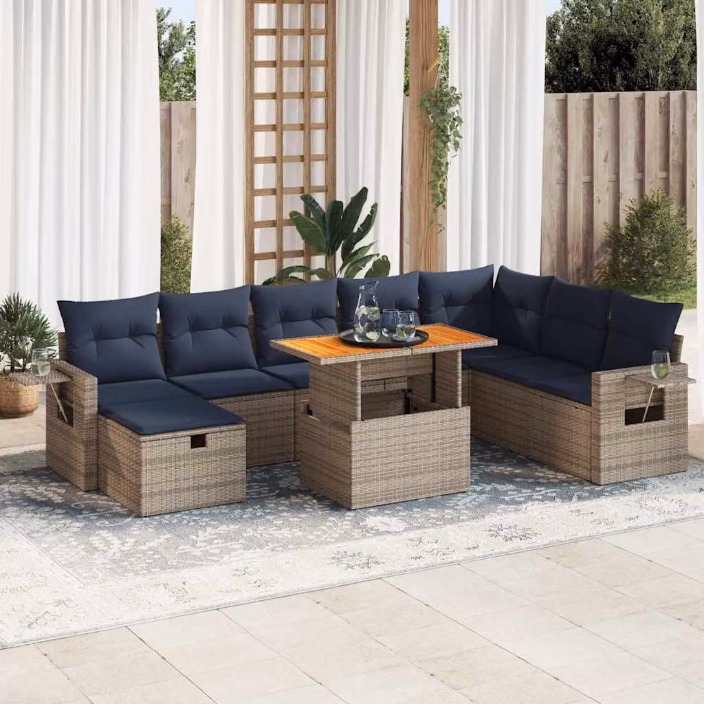 Set Divano da Giardino vidaXL 9 Pezzi a Forma di U con Cuscini e Tavolino, Polyrattan e Legno di Acacia, Grigio e Blu