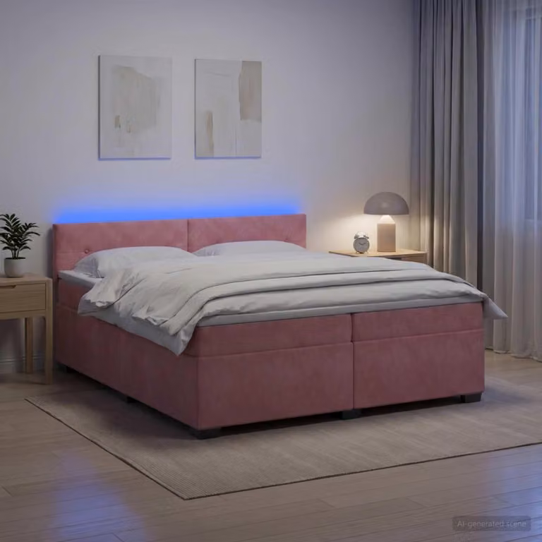 Letto matrimoniale con boxspring, materasso e illuminazione LED rosa, dimensioni 200 x 200 cm, rivestito in velluto