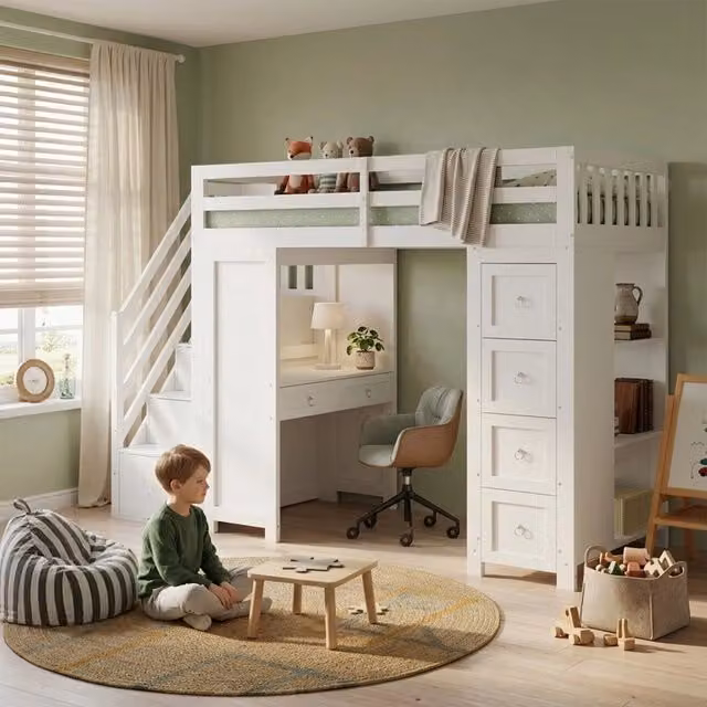 Letto a castello multifunzionale per bambini 90 x 200 cm con contenitore e zona studio, tavolo integrato, cassetti e mensole - Bianco