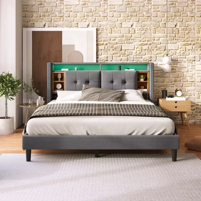 Letto matrimoniale 160 x 200 cm, testiera imbottita, presa USB, illuminazione a LED, grigio