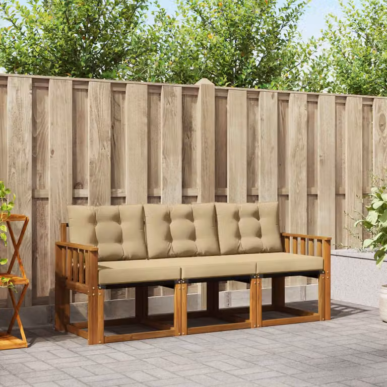 Set di divani da esterno vidaXL in legno di acacia e textilene, 3 pezzi, colore beige e marrone con cuscini inclusi