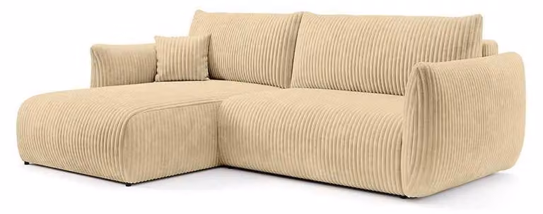 Divano a tre posti con funzione letto, modello Alloro, rivestito in lino dorato, lato sinistro