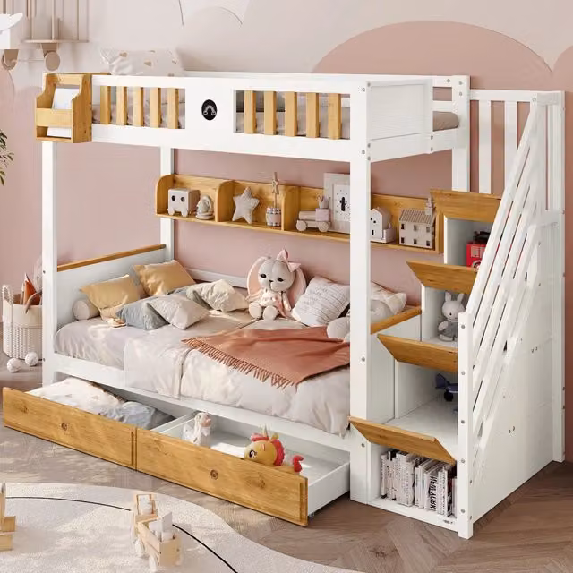 Letto a castello 90x200 cm con scala contenitore; 2 cassetti e ripiani; bianco e naturale
