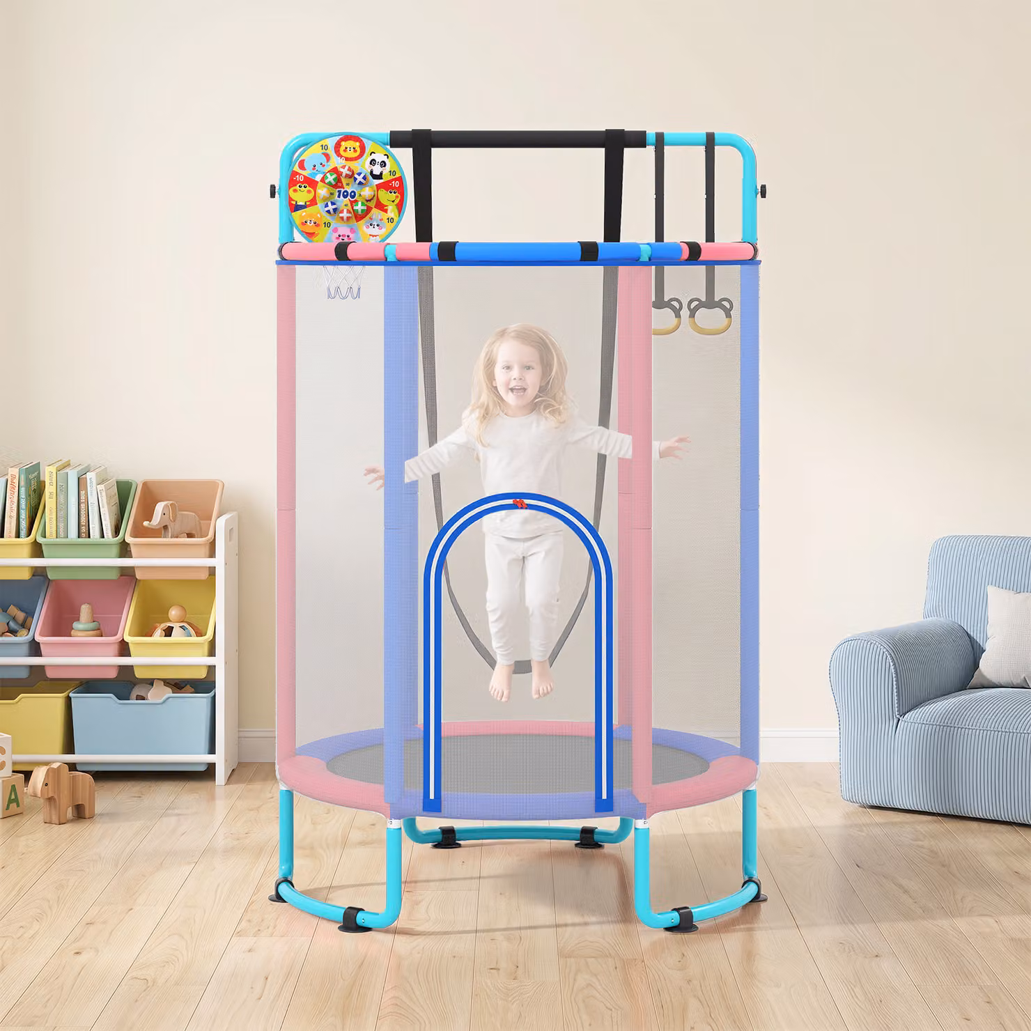 Trampolino 6 in 1 Costway per bambini con rete e altalena, multifunzione con canestro e anelli, Blu, Diametro: 140 cm