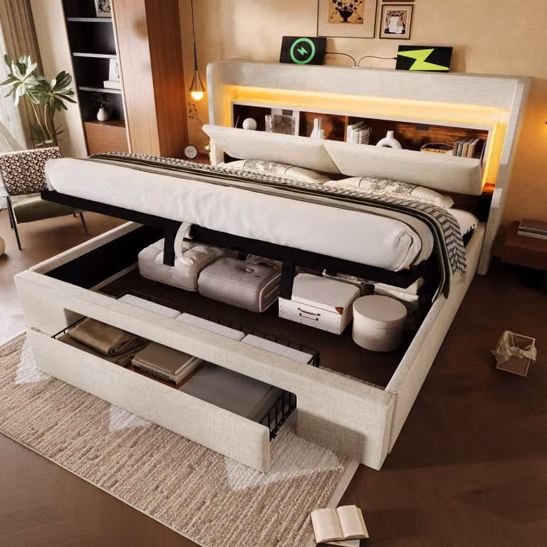 MODFU Letto imbottito 140x200 Letto matrimoniale con contenitore e testiera con vano portaoggetti, rete a doghe in legno con illuminazione a LED e connessione USB e USB-C, senza materasso, beige