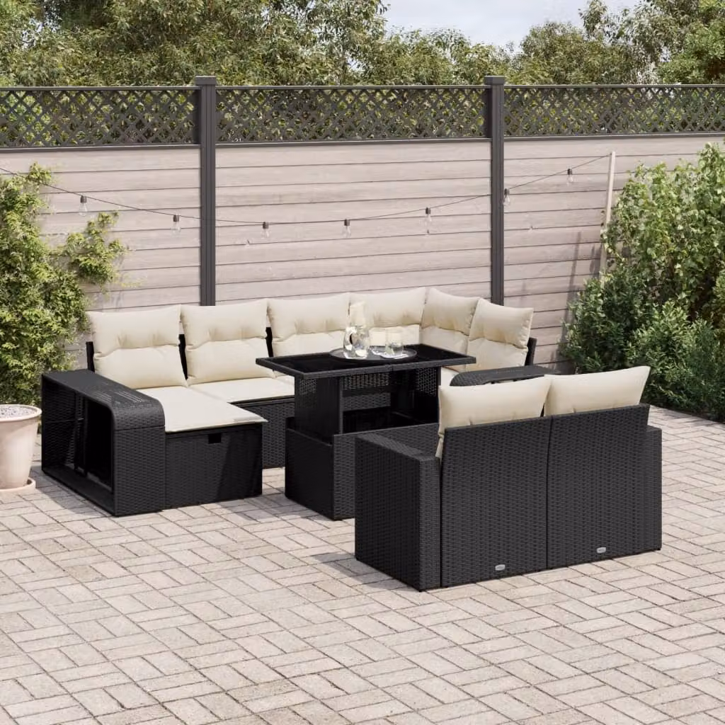 vidaXL Set Divani da Giardino 11 pz a Forma a L con Cuscini, Polyrattan e Struttura in Acciaio Verniciato a Polvere, Colore Nero e Bianco – 1