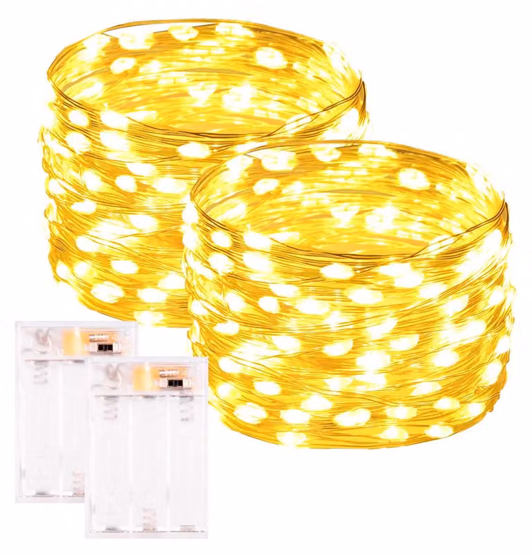 Confezione da 2 catene luminose LED bianche calde, lunghezza 10 metri, 100 LED, alimentazione a batteria, con timer