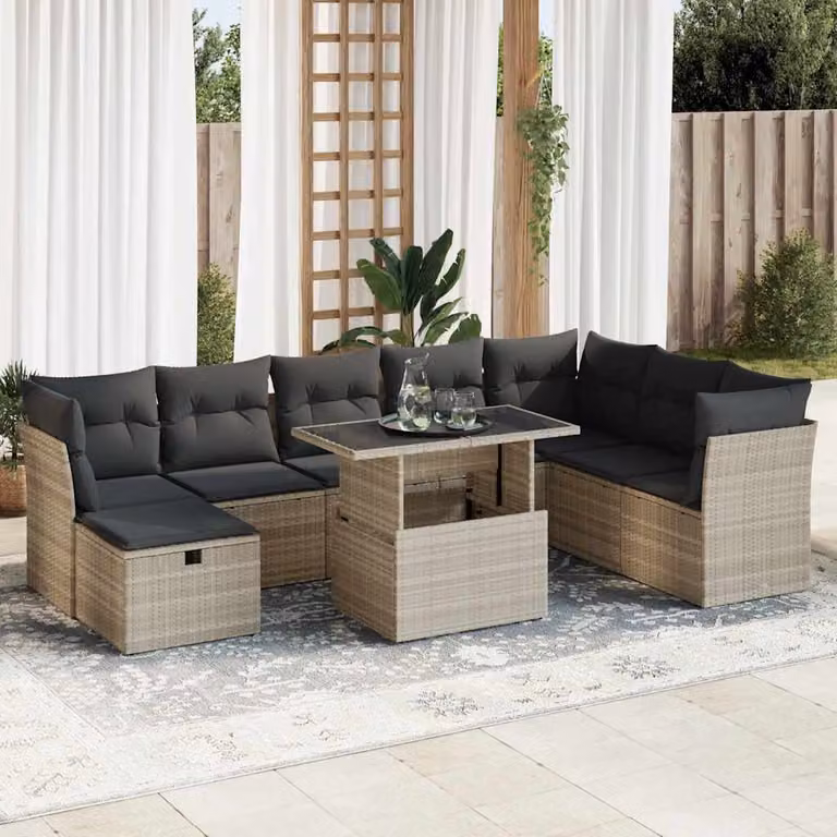 Set Divano da Giardino vidaXL 9pz in Polyrattan Grigio con Cuscini e Tavolino da Caffè