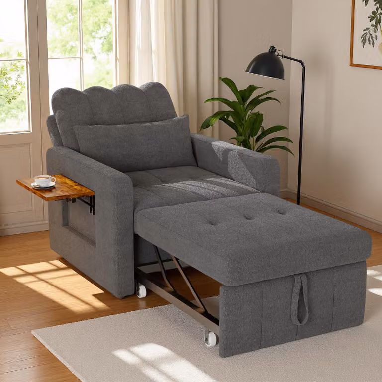 Divano letto INONEFT 3 in 1 con funzione letto, poltrona reclinabile con schienale regolabile in 5 posizioni, cuscini e tavolino pieghevole, in tessuto chenille, colore grigio
