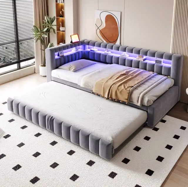 Divano letto estraibile ULEVR 90x200 cm con LED, USB e Type-C, vani portaoggetti, velluto grigio scuro
