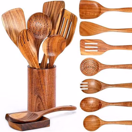 Set da cucina completo in legno Azomor composto da nove pezzi, compreso un supporto per un utilizzo versatile
