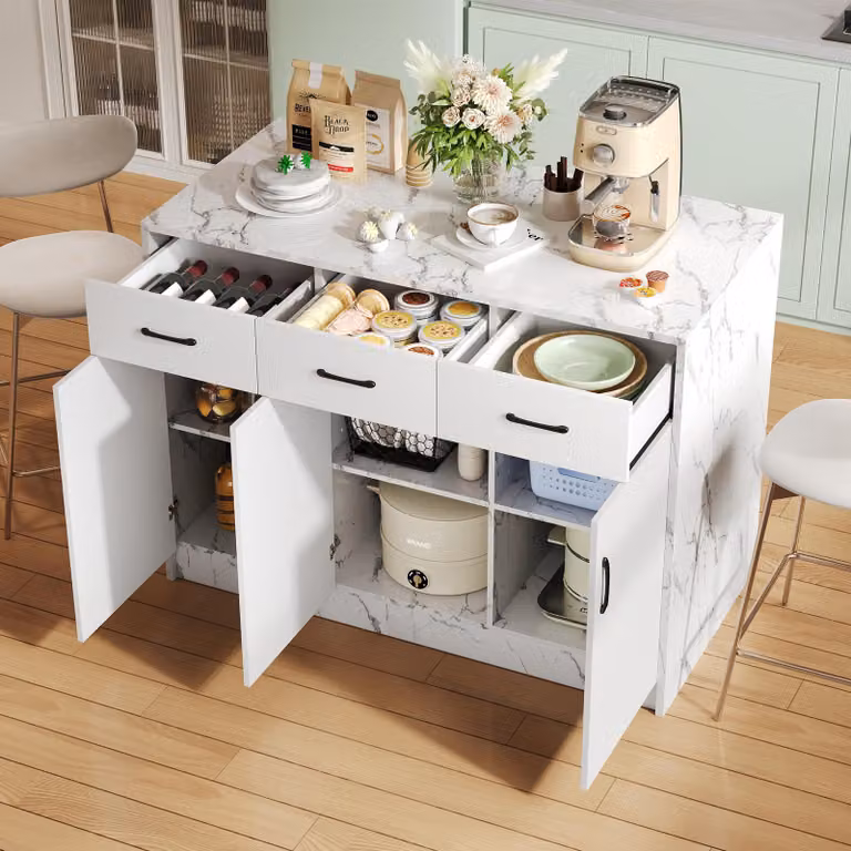 Isola da cucina 120x60x90,5, design in marmo bianco, 3 cassetti, 3 ante, ripiani regolabili, cassetti silenziosi, area bar.