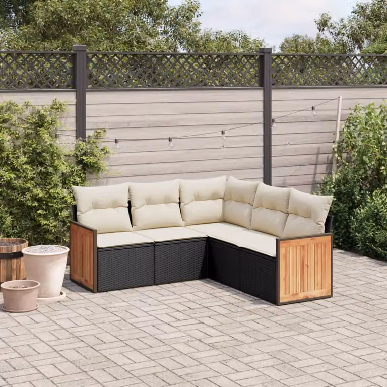 Set di divani da giardino a L vidaXL in polyrattan nero con cuscini imbottiti e coperture rimovibili